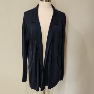 Halogen Sweater Blazer Cardigan Open Front Longer Navy Merino Wool Blend size M